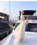Ivory Lace Trim Backless Tie Back A-Line Maxi Dress