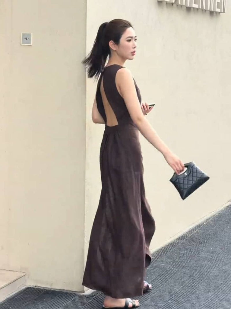 Coffee Brown Open Back Sleeveless Side Slit Maxi Dress