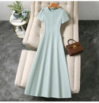 Round Neck Short Sleeve High Waist A-Line Maxi Dress