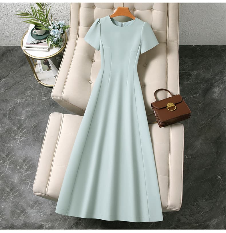 Round Neck Short Sleeve High Waist A-Line Maxi Dress