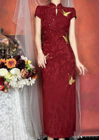 Red Mandarin Collar Butterfly Embroidered Qipao Midi Dress
