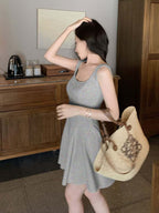 Navy/Green/Grey/Black Square Neck Sleeveless A Line Mini Dress