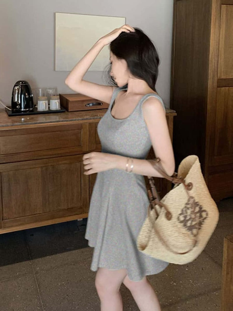 Navy/Green/Grey/Black Square Neck Sleeveless A Line Mini Dress
