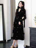 Black Floral Embroidered Velvet V Neck A-Line Maxi Dress