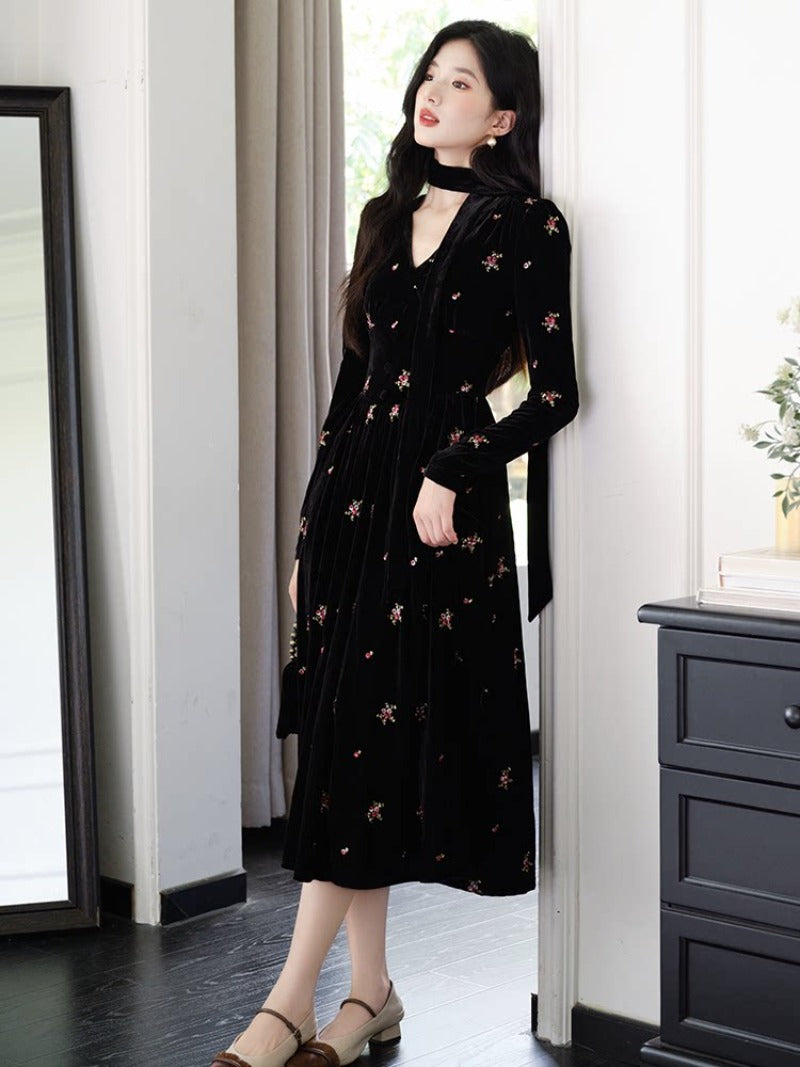 Black Floral Embroidered Velvet V Neck A-Line Maxi Dress