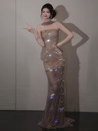 Champagne Mesh Sequin Appliqué Strapless Mermaid Maxi Dress