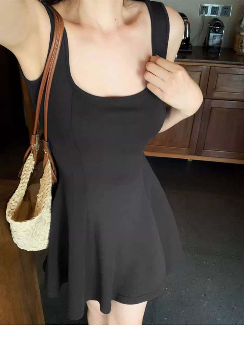Navy/Green/Grey/Black Square Neck Sleeveless A Line Mini Dress