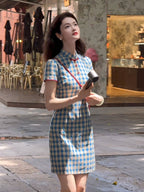 Chinese Style Blue Gingham Mandarin Collar Short Sleeve Mini Dress