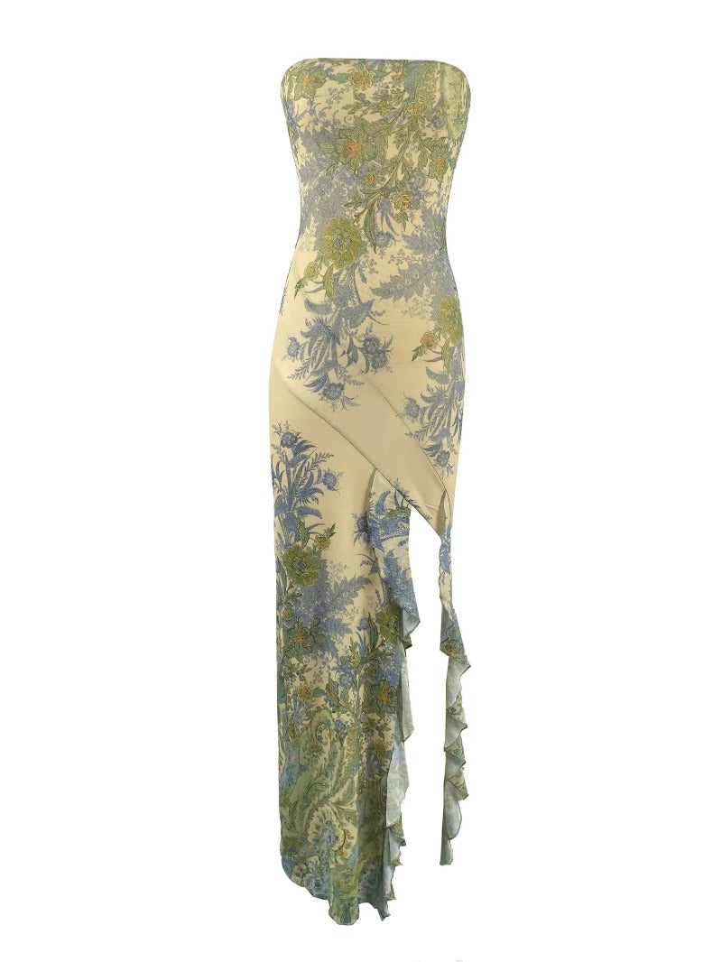 Pastel Botanical Strapless Asymmetric Maxi Dress