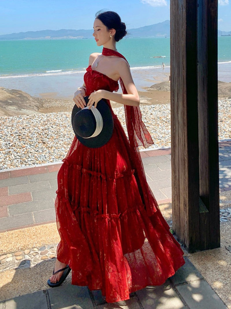 Rose Strapless Floral Ruffle Fit-and-Flare Maxi Dress