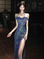 Blue Off Shoulder Sequin Ruched Slit Mermaid Maxi Dress
