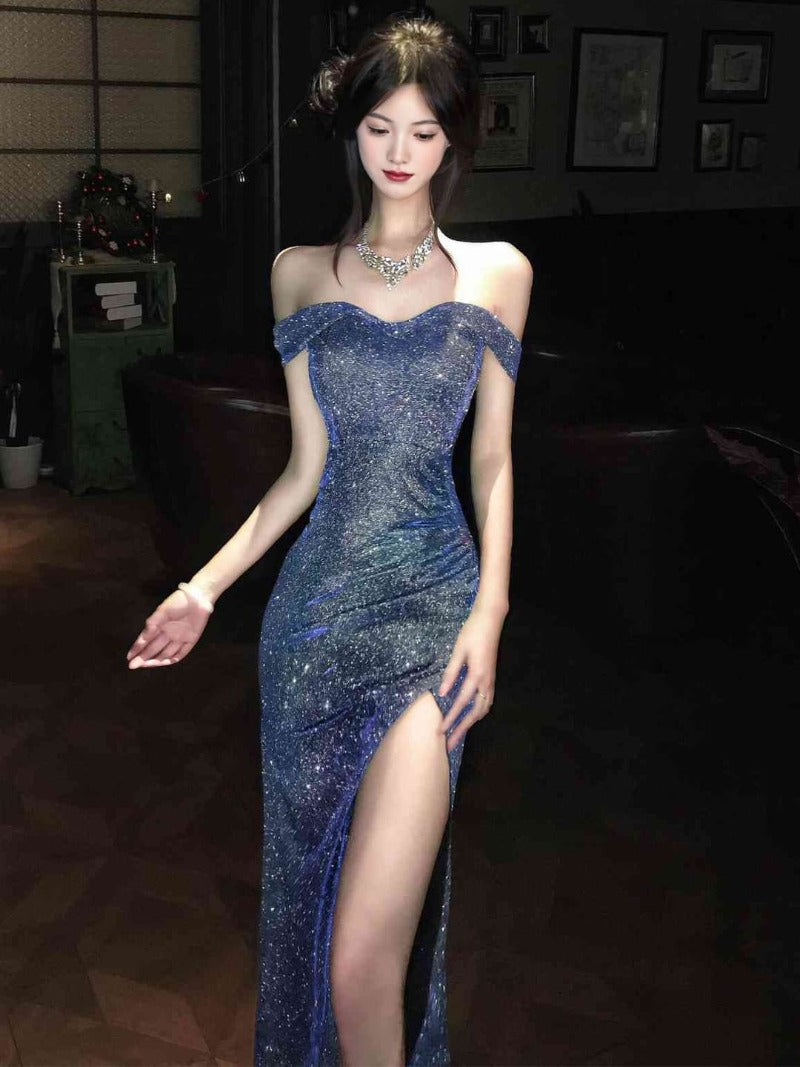 Blue Off Shoulder Sequin Ruched Slit Mermaid Maxi Dress