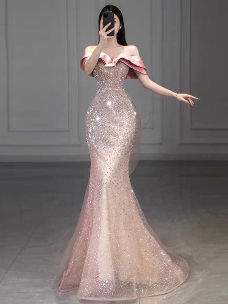 Pink Off Shoulder Sequin Mermaid Maxi Dress