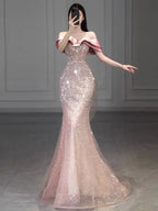 Pink Off Shoulder Sequin Mermaid Maxi Dress