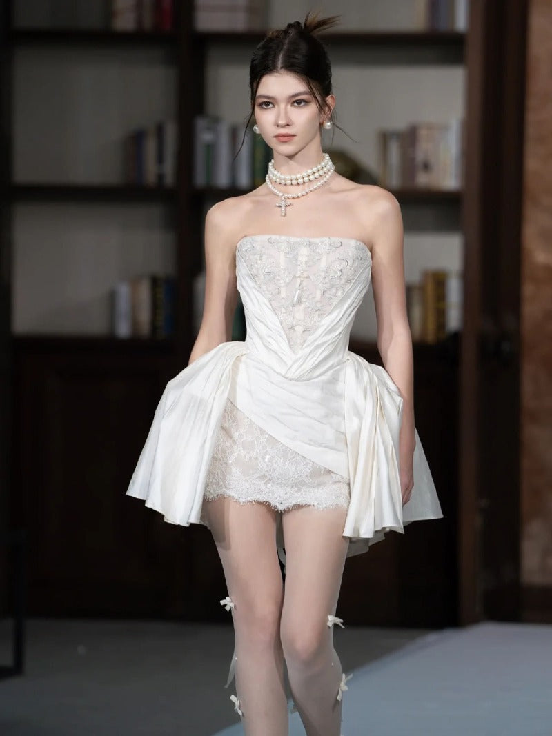 Ivory Strapless Lace Corset Mini Dress