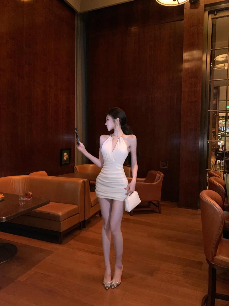 White/Black Halter Ruched Bodycon Mini Dress