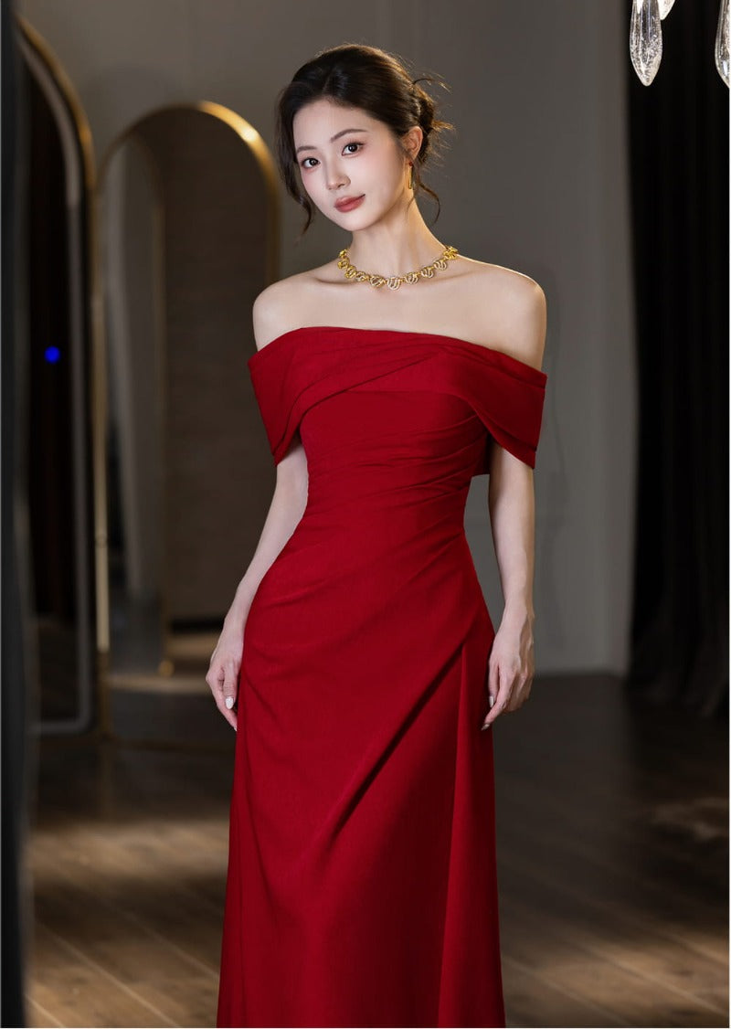 Wine Red Off Shoulder Draped A-Line Maxi Dress