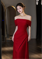 Wine Red Off Shoulder Draped A-Line Maxi Dress