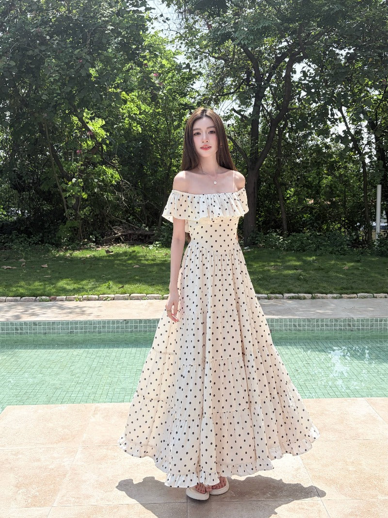 Off-Shoulder Polka Dot Tiered Maxi Dress