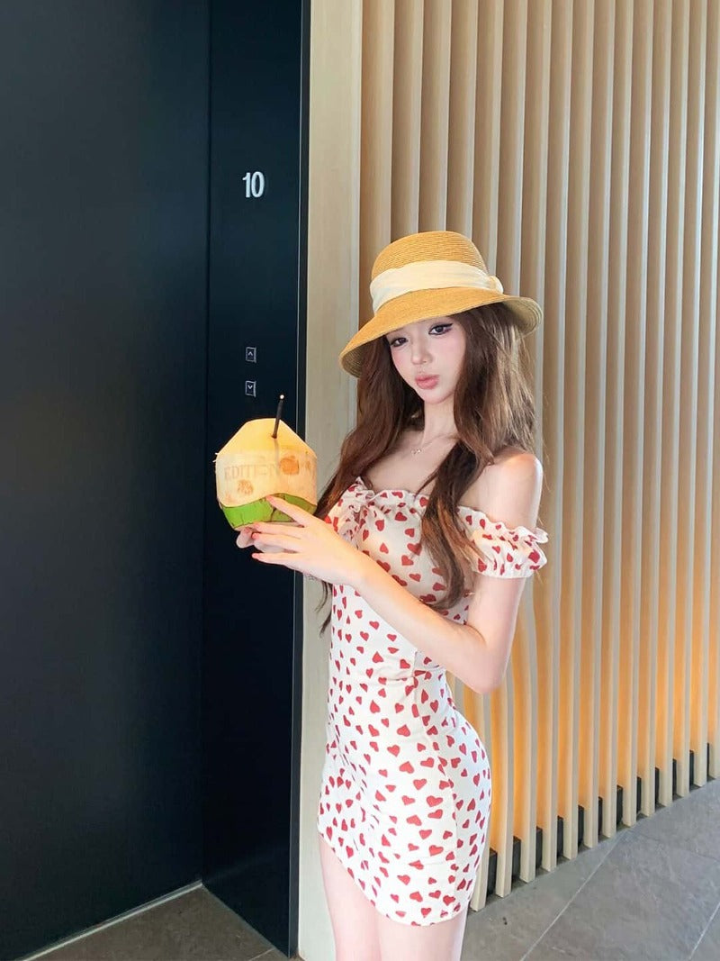 Cream Heart Print Off Shoulder Bodycon Mini Dress