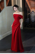 Wine Red Off Shoulder Draped A-Line Maxi Dress