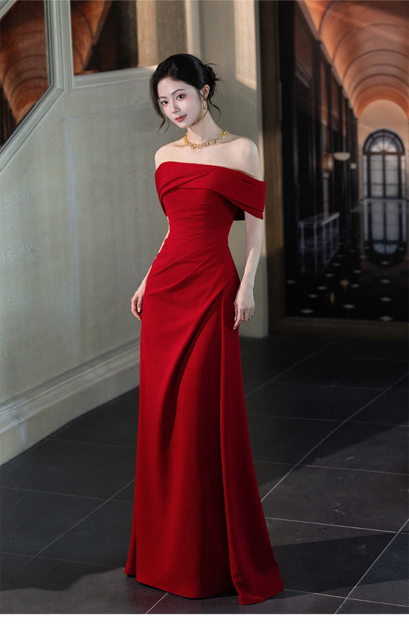 Wine Red Off Shoulder Draped A-Line Maxi Dress