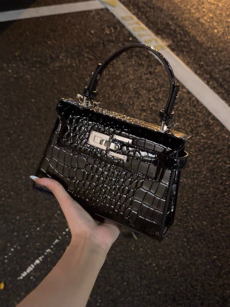 Croc-Embossed Mini Handbag with Detachable Strap