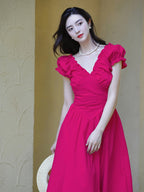Pink/Black V Neck Ruffle Sleeve Midi Dress
