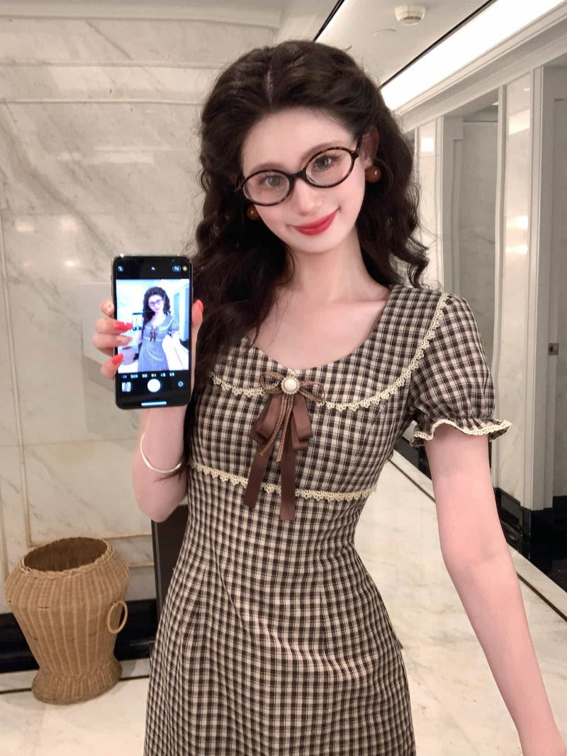 Coffee Brown Gingham Puff Sleeve Bow A-Line Maxi Dress