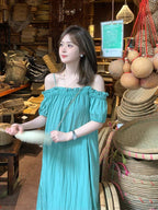 Turquoise Off-Shoulder Pleated Shift Maxi Dress