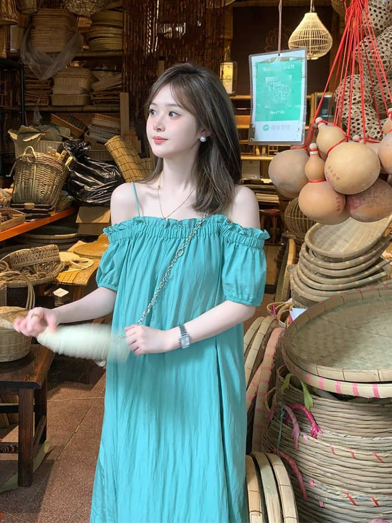 Turquoise Off-Shoulder Pleated Shift Maxi Dress