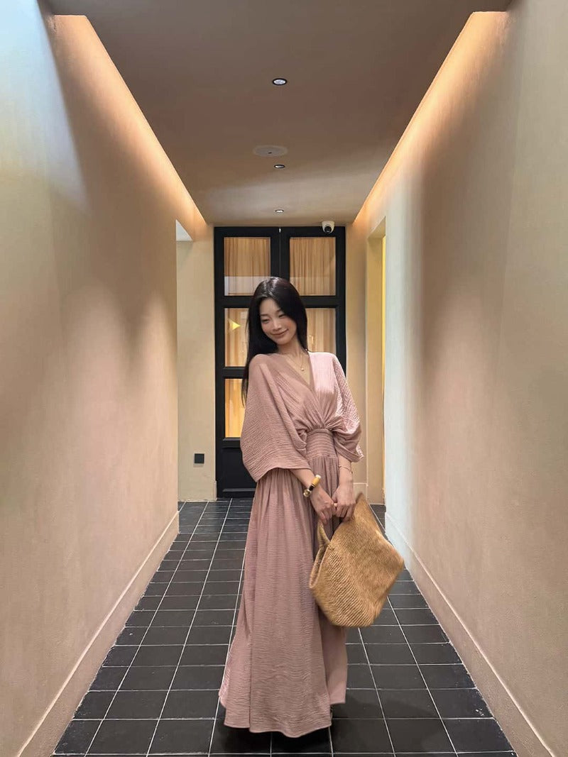 Cotton V-Neck Batwing Sleeve Maxi Dress