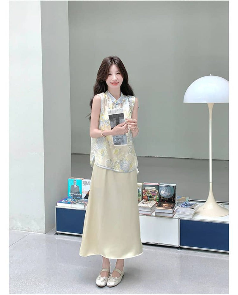 Printed Mandarin Collar Cami Maxi Dress Set