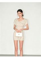 Ruched Cowl Neck Bodycon Mini Dress with Short Sleeves