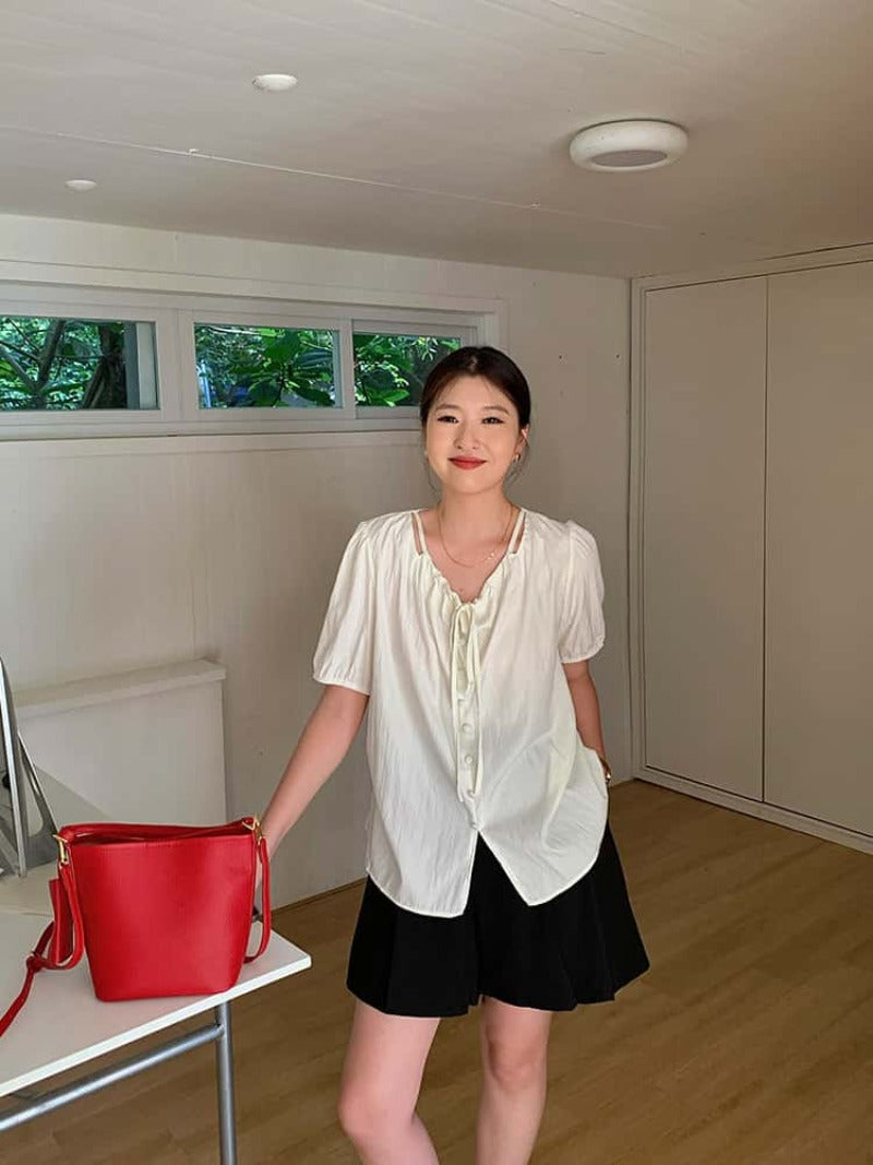 Apricot/Black Tie Front V Neck Puff Sleeve Blouse Top