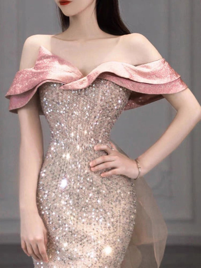 Pink Off Shoulder Sequin Mermaid Maxi Dress