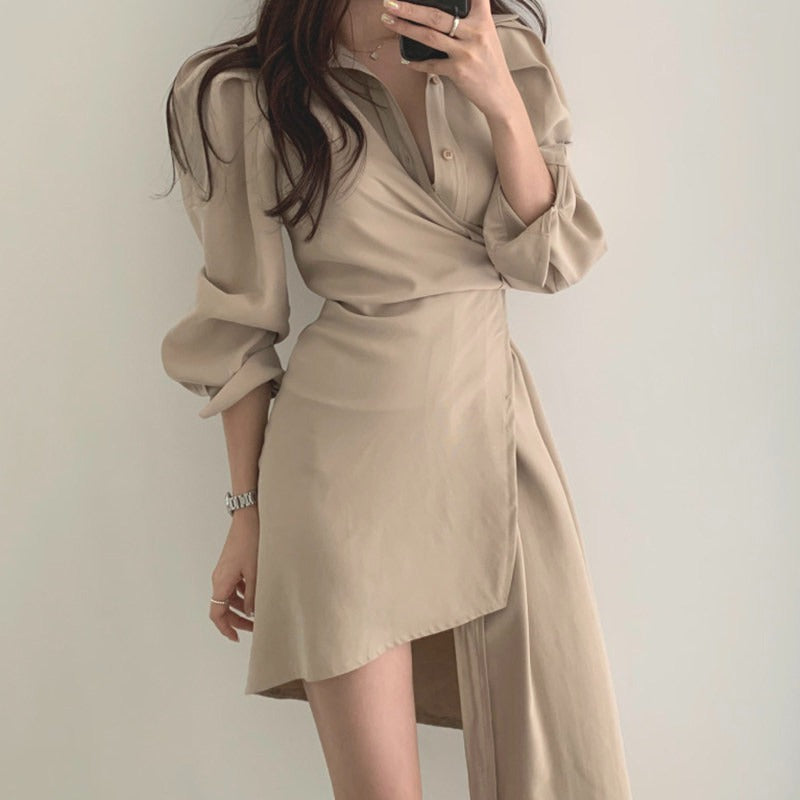 Apricot/Black Collared Wrap Asymmetric Hem Shirt Dress