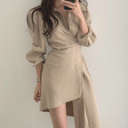Apricot/Black Collared Wrap Asymmetric Hem Shirt Dress