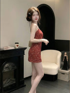 Red Floral Print Lace Trim V Neck Cami Mini Dress
