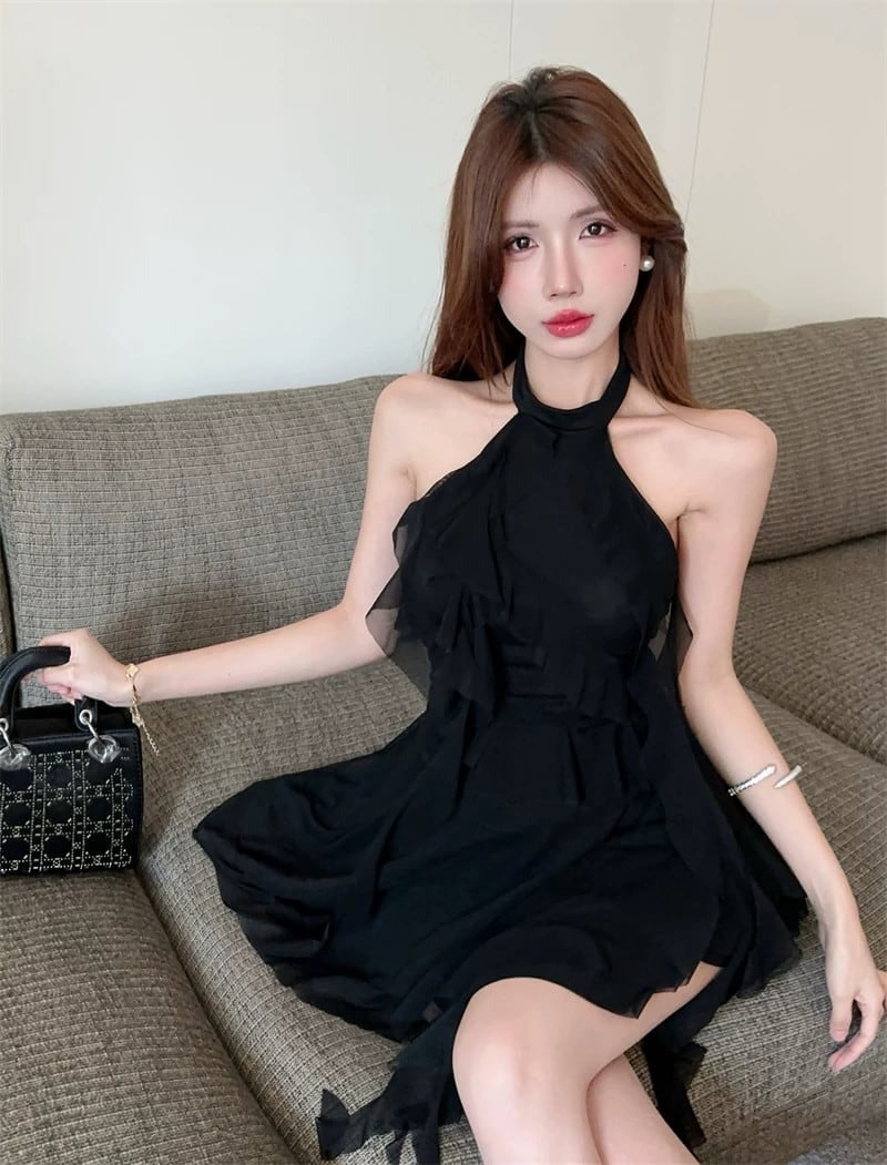 Flirty Black Ruffle Halter High-Low Mini Dress