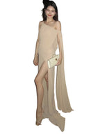 Khaki Draped One Shoulder Slit Maxi Dress