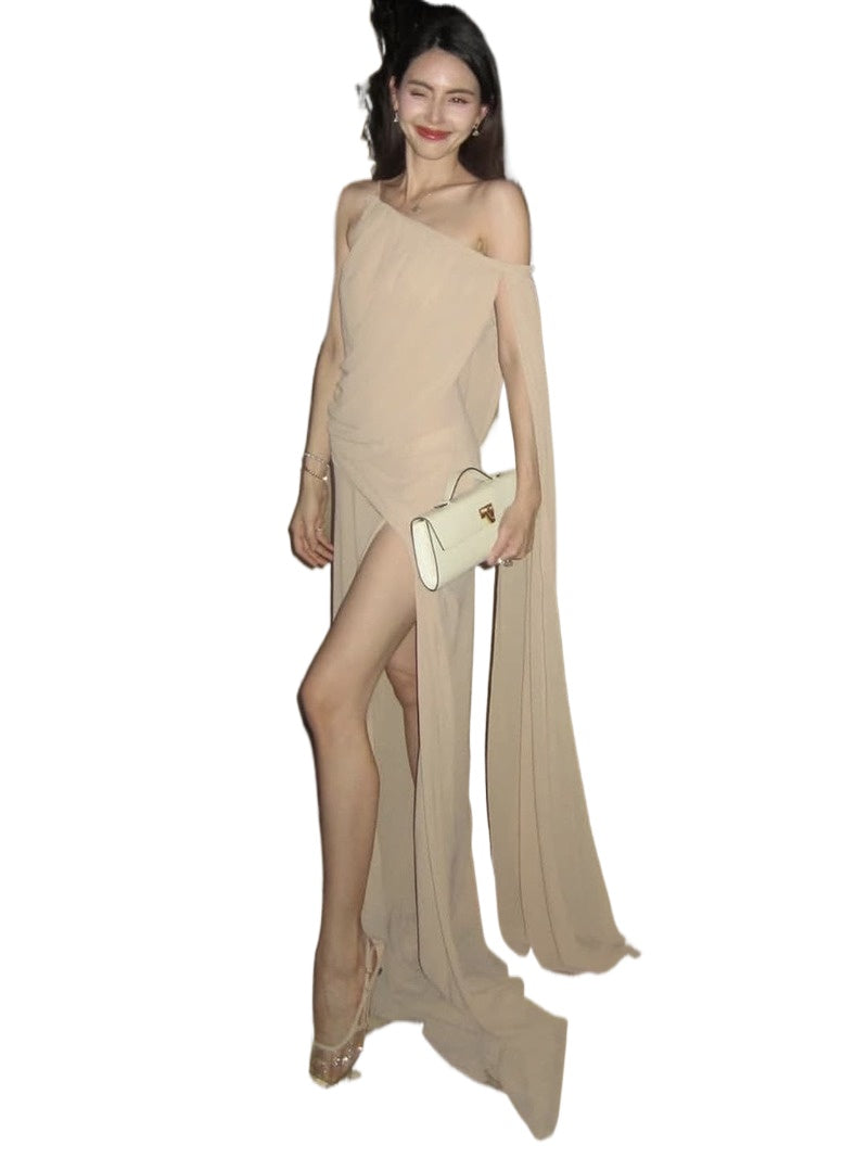 Khaki Draped One Shoulder Slit Maxi Dress