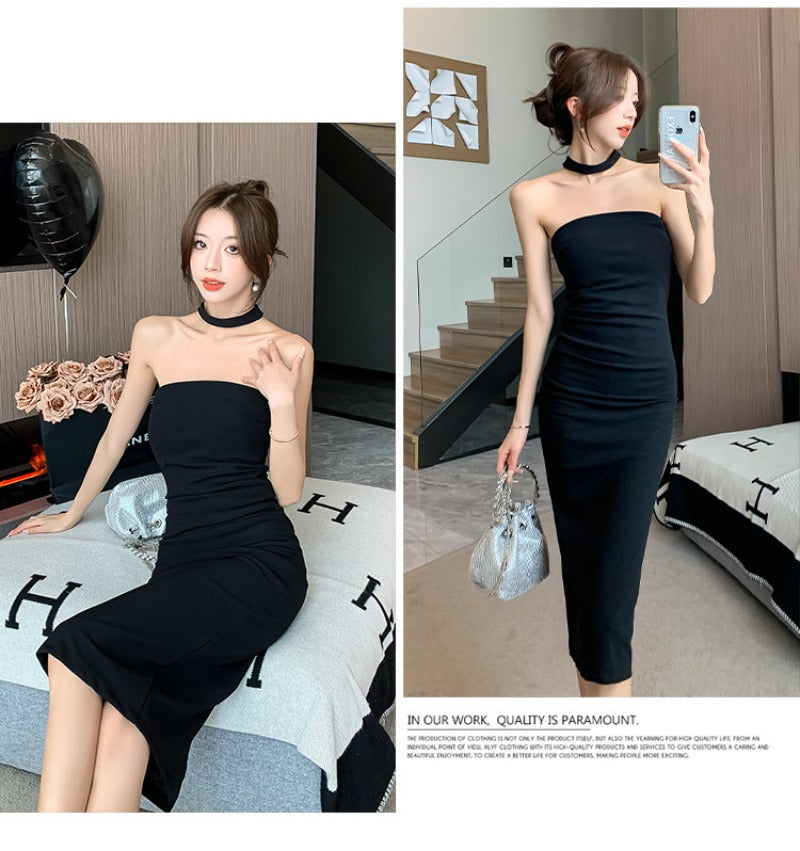 Strapless Scarf Neck Bodycon Midi Dress