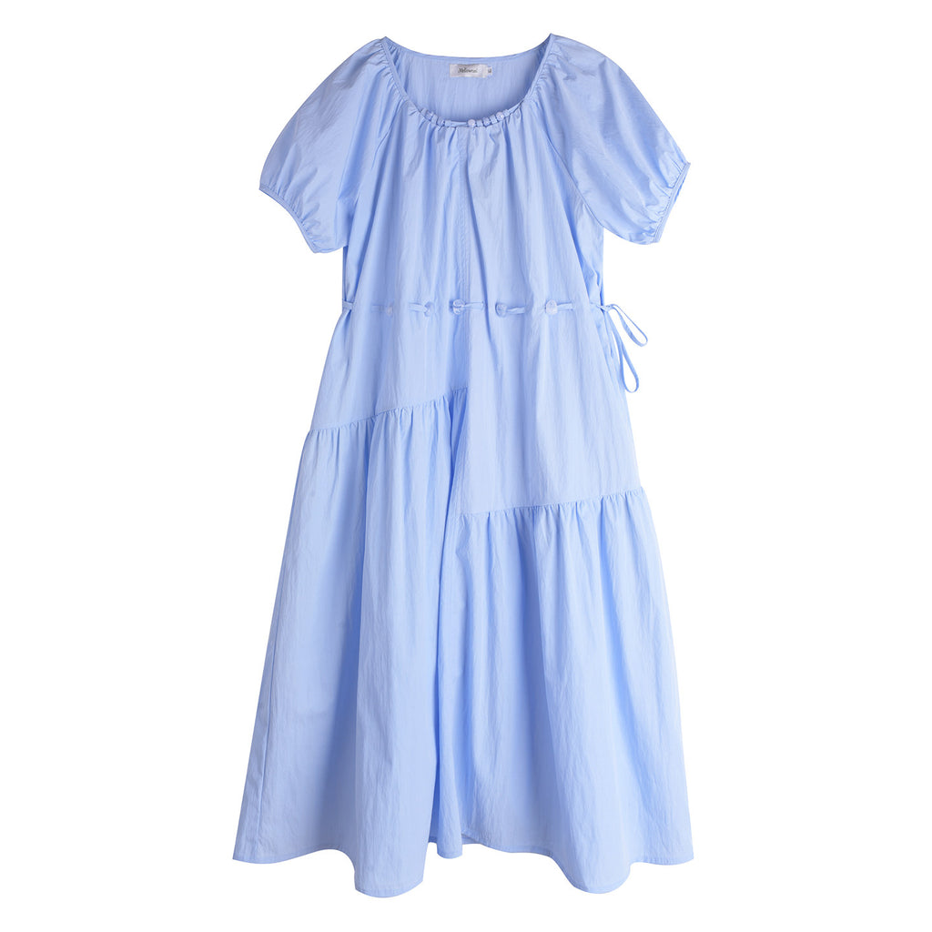 Gathered Round Neck Puff Sleeve Tie Waist Tiered Maxi Dress
