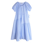 Gathered Round Neck Puff Sleeve Tie Waist Tiered Maxi Dress