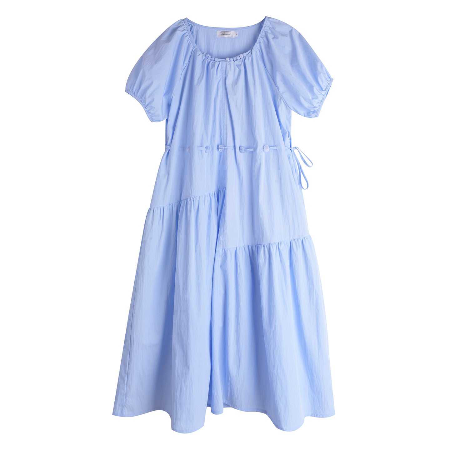 Gathered Round Neck Puff Sleeve Tie Waist Tiered Maxi Dress