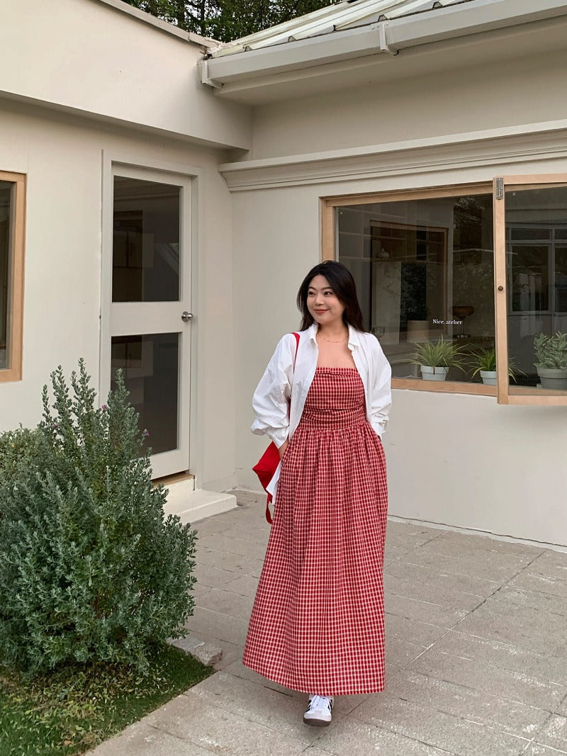 Red Gingham Strapless High Waist A-Line Maxi Dress