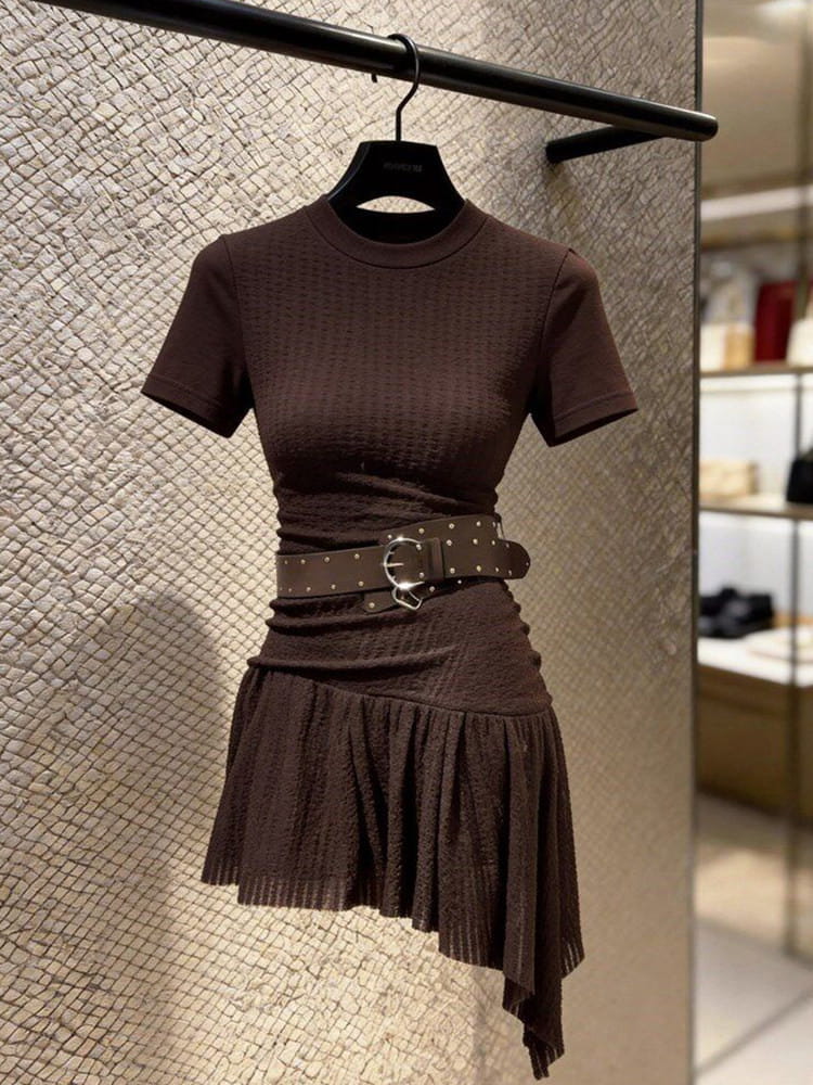 Coffee Brown Round Neck Short Sleeve Asymmetric A-Line Mini Dress