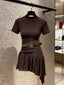 Coffee Brown Round Neck Short Sleeve Asymmetric A-Line Mini Dress