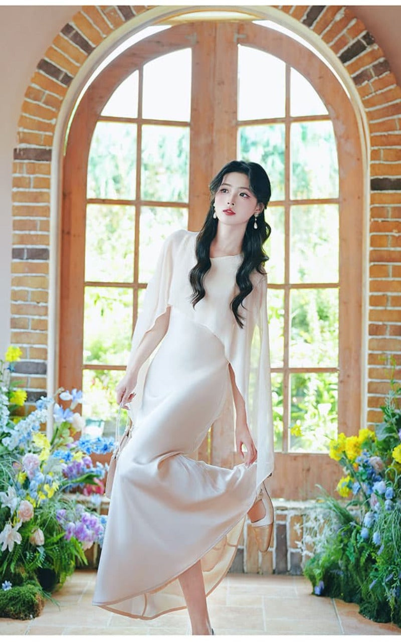 Elegant Round Neck Cape Overlay Mermaid Maxi Dress